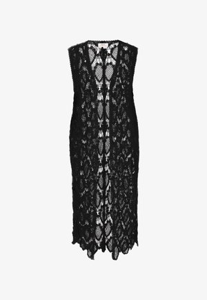 Musta pitsinen kimono-viitta, jossa on kukkakuosi, avonainen etuosa ja aaltoilevat reunat. Kevyt ja teksturoitu kangas, ilman hihoja.