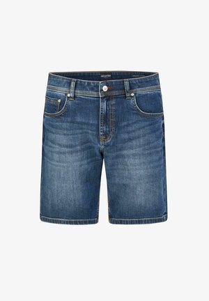 Donkerblauwe denim shorts met een gladde textuur, vijf zakken, contrasterende stiksels en een metalen knoopsluiting.