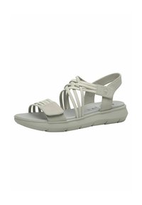 Sandal grigio chiaro con cinghie intrecciate e una fascia per le dita testurizzata, dotato di una suola imbottita e una suola flessibile e robusta per il comfort.