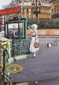 Ingresso della metropolitana con design in ferro battuto verde, sfondo floreale, vestito crema, cappello di paglia e borsa intrecciata. Il testo dice "y not?"