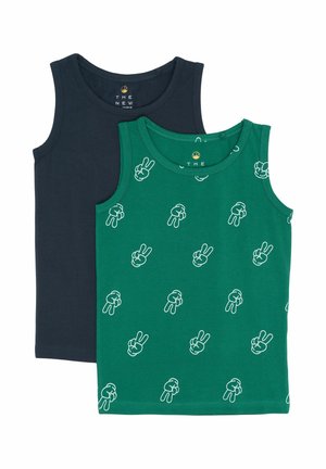 Deux débardeurs sont exposés : un bleu marine et un vert avec des motifs de signes de paix blancs. Les deux présentent des encolures rondes et des designs sans manches.