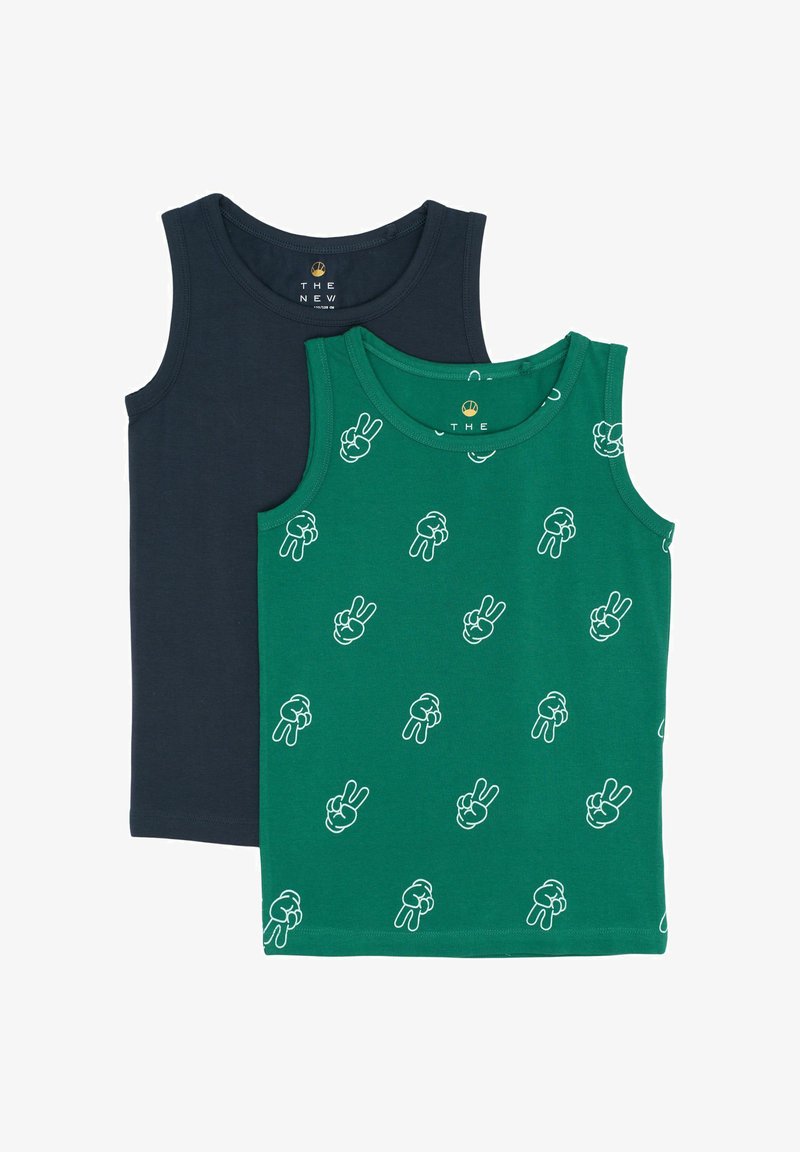 Dvi liemenėles yra eksponuojamos: viena tamsiai mėlyna, o kita žalia su baltais taikos ženklo raštais. Abi turi apvalius iškirpimus ir be rankovių dizainą.