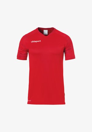 Rød atletisk t-shirt med korte ærmer, v-hals design og teksturerede accenter på skuldrene. Har logo på brystet og letvægtsstof.