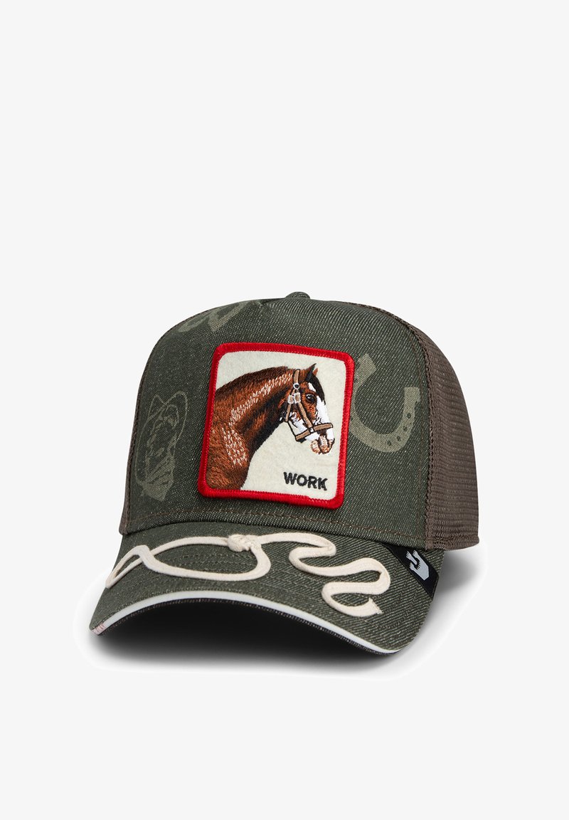 Camouflage green cap with a rectangular horse graphic patch, red border, and "WORK" text. Features a curved brim and beige stitching accents.