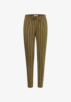 Pantalons rayés marron avec une taille à cordon de serrage, ornés de rayures blanches verticales. Fabriqués dans un tissu lisse et extensible.