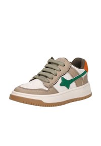 Sneakers met een bovenwerk van wit leer, beige suède accenten, groen logo detail, olijfgroene veters en een zool van gumrubber. Kenmerkt een geperforeerde teenbox.