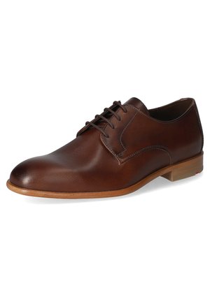 Braune Lederdressschuhe mit glatter Textur, runder Zehenform und fünf Ösen zur Schnürung. Verfügt über eine Außensohle in heller Holzfarbe sowie dezente vertikale Linien.