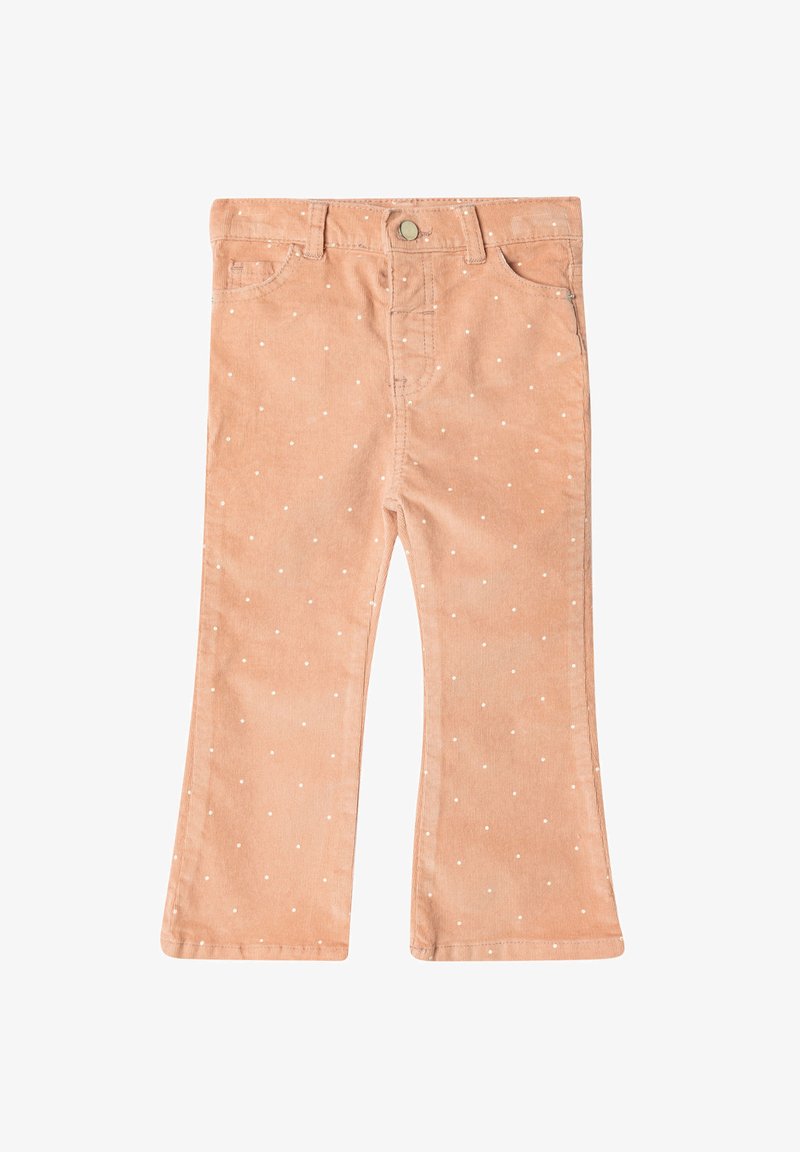 Perzikkleurige flared broek met witte stippen, gemaakt van zachte stof, met een sluiting met knoop aan de voorkant en standaardzakken.