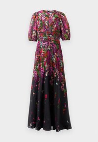 Floral maxi-jurk met kort opstaande mouwen, een aansluitende taille en multicolore bloemenpatronen in roze, rood, groen en paars op zwarte stof.