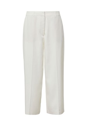 Pantalons blancs sur mesure avec une coupe droite, présentant une texture lisse, une fermeture éclair frontale dissimulée et une taille repliée.