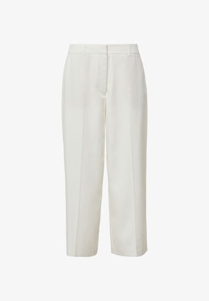 White tailored pants with a straight-cut design, featuring a smooth texture, concealed front zip, and folded waistband.