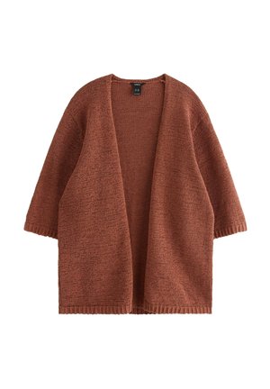 Løs, åben foran, langærmet rustbrun strikket cardigan med ribkant ved kant og ærmer, vist fladt mod en hvid baggrund.