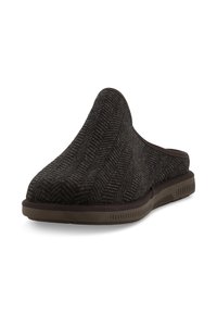 Pantofole senza lacci con motivo a spina di pesce scuro, dotate di una parte superiore in tessuto morbido e una suola in gomma marrone flessibile, caratterizzate da un retro leggermente rialzato.