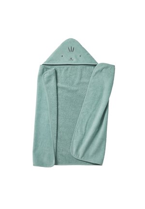 Soft green hooded baby towel with animal face embroidery on the hood, laid flat with one side partially folded.