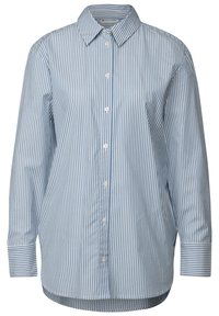 Camicia a righe blu chiaro e bianca, con maniche lunghe, colletto classico e orlo curvo. Realizzata in un morbido misto cotone.