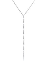Silver chain necklace featuring a linear pendant, with a delicate texture, elongated shape, and two lengths of chain connected.