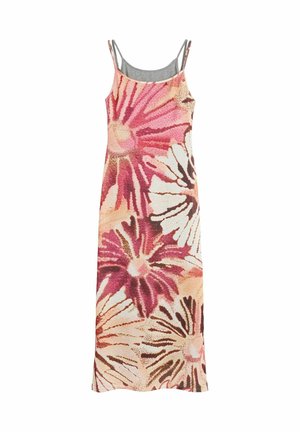 Rochie maxi fără mâneci cu bretele subțiri, cu modele florale abstracte mari în nuanțe de roz, piersică și maro pe un material texturat.
