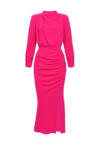 Fuksjowa sukienka z długim rękawem, z marszczonymi bokami, wysokim dekoltem i rozcięciem do uda. Wykonana z gładkiego, elastycznego materiału.