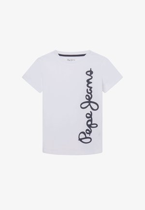 Wit katoenen T-shirt met korte mouwen, met een opvallend donkergrijs "Pepe Jeans" logo dat verticaal langs de linkerzijde loopt.
