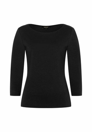 Black long-sleeve top with a wide scoop neckline, made from soft fabric. Features fitted sleeves and a smooth, unembellished texture.