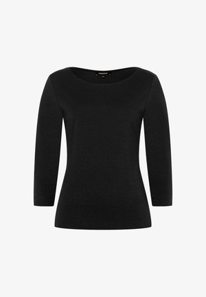Black long-sleeve top with a wide scoop neckline, made from soft fabric. Features fitted sleeves and a smooth, unembellished texture.