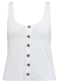 Bílý žebrovaný top bez rukávů s kulatým výstřihem a pěti hnědými knoflíkovými detaily uprostřed. Pohodlný střih, měkká textura.