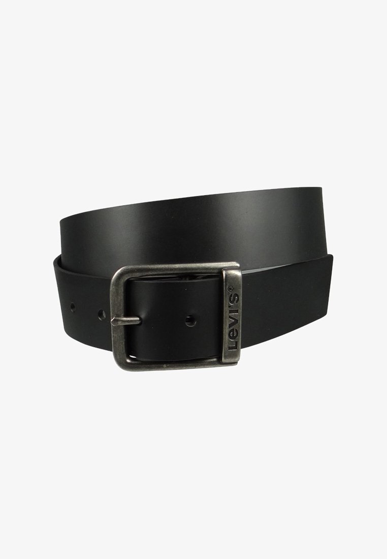 Black leather belt with a silver-toned metal buckle featuring a logo. Smooth texture, rectangular shape, and several punch holes for adjustment.