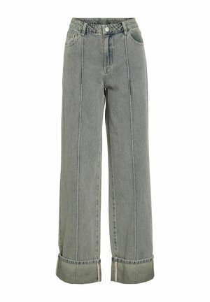 Grå jeans med rette ben, oppbrettede kanter, frontlommer og knappelukking i livet.