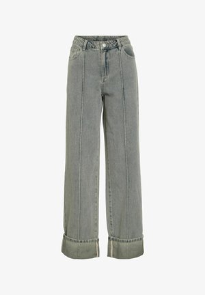 Grå jeans med rette ben, oppbrettede kanter, frontlommer og knappelukking i livet.