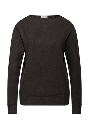 Maglione intrecciato grigio scuro con un ampio scollo tondo, maniche lunghe e polsini e orlo a coste. Presenta un tessuto testurizzato con un taglio casual.