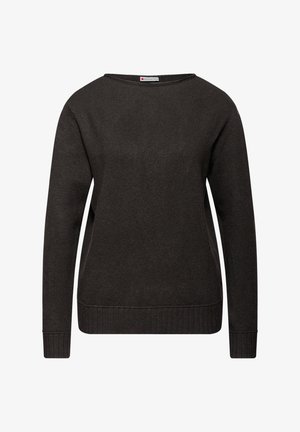 Mørkegrå strikket sweater med en bred, rund halsudskæring, lange ærmer og ribstrikkede manchetter og kant. Har tekstureret stof med en afslappet pasform.