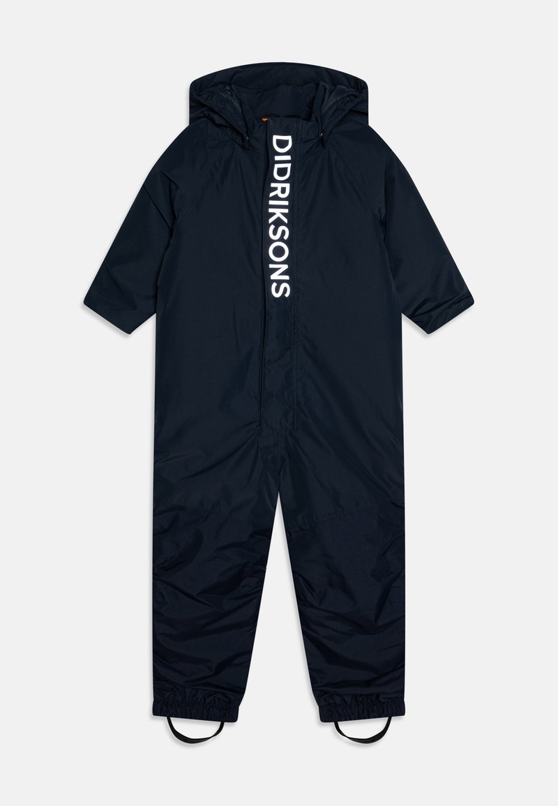 Macacão impermeável azul marinho com capuz, apresentando um fecho de correr frontal e o logótipo branco "DIDRIKSONS". Punhos elásticos e tiras de pé ajustáveis.