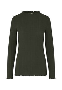 Olive green long-sleeve top with ribbed texture, mock neckline, and slightly scalloped edges on the sleeves and hem.