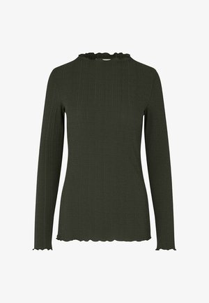 Olivgrünes Langarmshirt mit gerippter Textur, Stehkragen und leicht geschwungenen Rändern an Ärmeln und Saum.