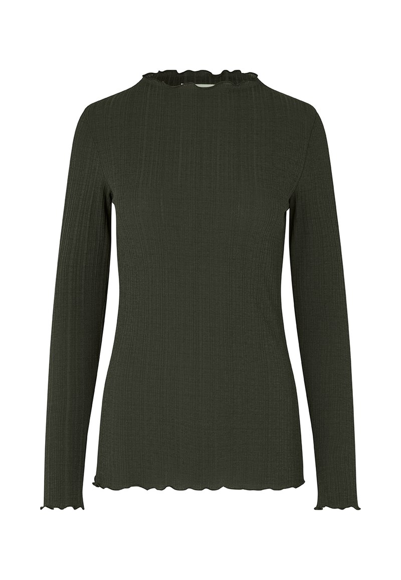 Olive green long-sleeve top with ribbed texture, mock neckline, and slightly scalloped edges on the sleeves and hem.