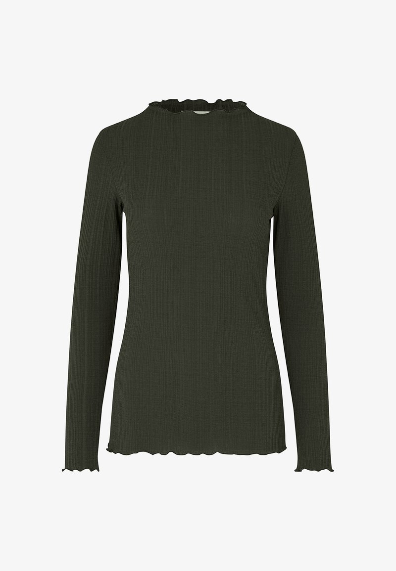 Top de manga larga en verde oliva con textura acanalada, cuello simulado y bordes ligeramente ondulados en las mangas y el dobladillo.