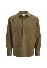 Camicia a maniche lunghe in corduroy marrone, con colletto appuntito e polsini abbottonati, esposta su uno sfondo bianco.