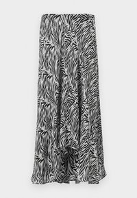 Μίντι φούστα με σχέδιο ζέβρας ασπρόμαυρη, με αέρινη, ασύμμετρη λεπτομέρεια στο τελείωμα από ελαφρύ ύφασμα.