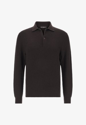 Brun strikpullover med krave, tre-knap lukning, lange ærmer og ribstrik ved håndleddene. Struktureret stof med et subtilt mønster.