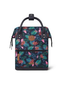 Floral-patterned backpack with pink and green leaves on a dark background. Features leather accents and a top handle. Includes front zipper pocket.