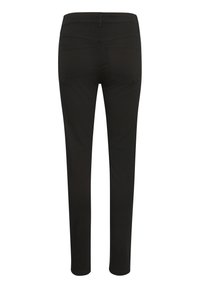 Pantalon noir slim-fit vu de dos avec deux poches arrière et une taille ajustée sur fond blanc.