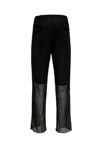 Mustad püksid läbipaistvast kangast rhinestone-dekoratsioonidega. Omavad lahtist lõiget ja elastset vöökohaga, külgedel lõhikutega.