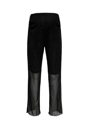 Melnas bikses ar caurspīdīgu audumu un dekorētas ar rhinestone rotājumiem. Tām ir brīva piegriezuma siluets un elastīga josta, kā arī sānos sadalīti paneļi.