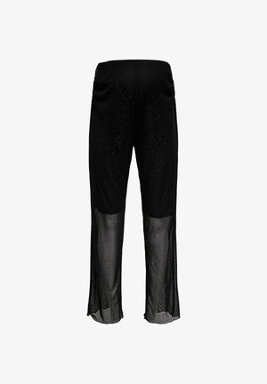 Svarte bukser med gjennomsiktig stoff og strassdetaljer. Har en løs passform og elastisk midjebånd, med splittede sidestykker.