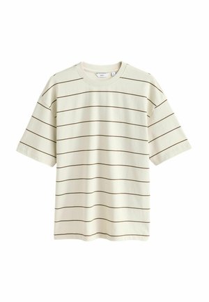 Cremfarbendes Baumwoll-T-Shirt mit kurzen Ärmeln und Rundhalsausschnitt. Hat horizontale braune Streifen auf der Vorderseite. Weiche Textur.