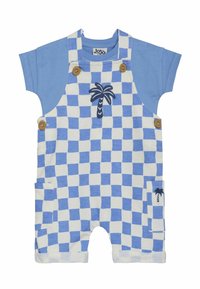 Blå og hvidternet kort dungareesæt med en blå T-shirt under, der har palme-broderi og træknapdetaljer.