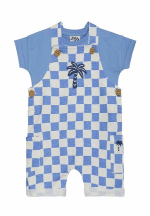 Blå og hvidternet kort dungareesæt med en blå T-shirt under, der har palme-broderi og træknapdetaljer.
