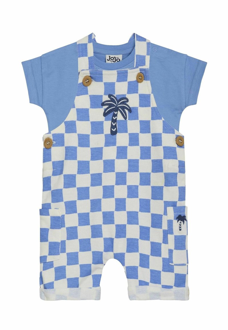 Blå og hvidternet kort dungareesæt med en blå T-shirt under, der har palme-broderi og træknapdetaljer.