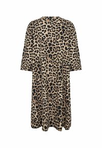 Leopardikuosinen maksi-mekko beigen ja mustan sävyissä, jossa on löysä, laskeutuva muotoilu, lyhyet hihat ja pyöreä kaula-aukko. Pehmeä tekstuuri.
