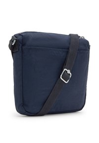Dunkelblaue Umhängetasche aus strapazierfähigem Stoff, mit einem Reißverschluss, verstellbarem Tragegurt und einer Vordertasche mit subtiler Textur.